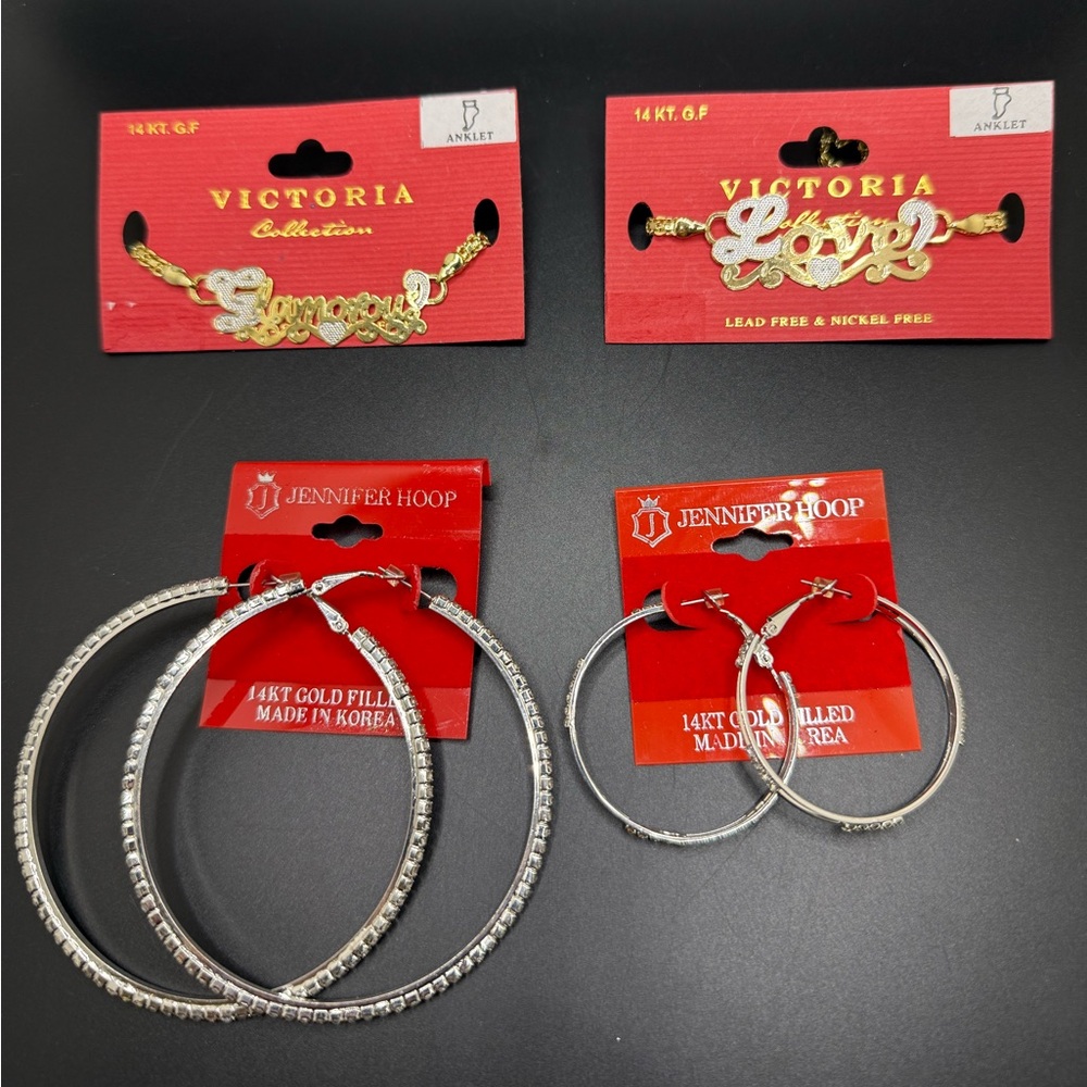 Victoria Collection 14KT GF Anklets plus Jennifer Hoop Earrings Bund of 4 items